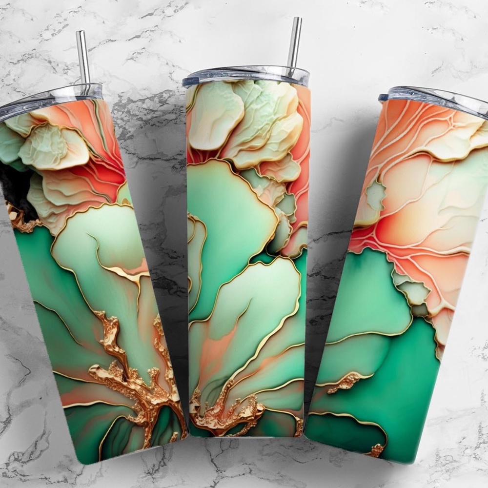 Beautiful Green and Gold Design on a 20oz Straight Tumbler with Straw Included
